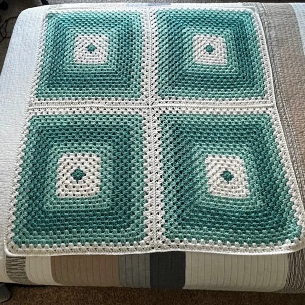 Handmade Knitted Blanket Throw Aqua Teal Blue White